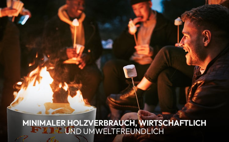 Personen sitzen um eine Feuerstelle und grillen Marshmallows.