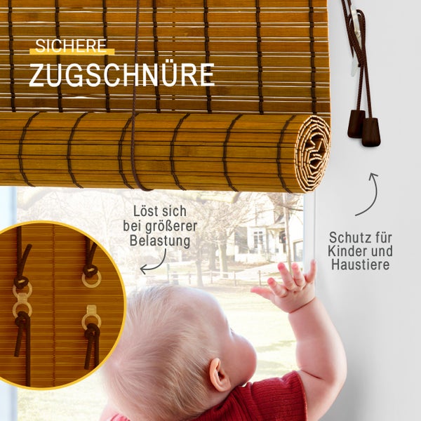 Bambusrollo mit Sicherheitssystem für Zugschnüre, das sich bei Belastung löst, zum Schutz von Kindern und Haustieren.