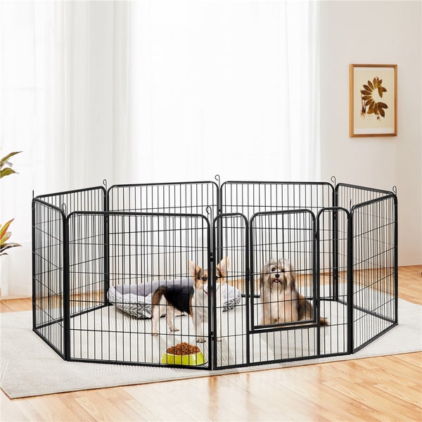 Hundelaufstall mit zwei Hunden, einem Hundebett und einem Futtertrog auf einem Teppich in einem hellen Raum.