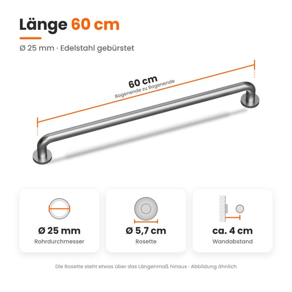Wandhaltegriff aus gebürstetem Edelstahl, 60 cm Länge, 25 mm Rohrdurchmesser, mit Montageinformationen zu Rosetten und Wandabstand.