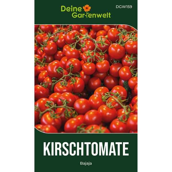 Deine Gartenwelt Logo, Kirschtomate Bajaja Samentüte mit Abbildung vieler reifer Tomaten an der Rispe.