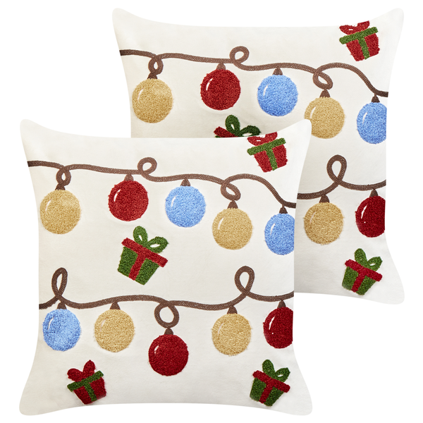 Dekokissen 2er Set PALMIER Samtstoff 45 x 45 cm Cremeweiß Weihnachtsmotiv