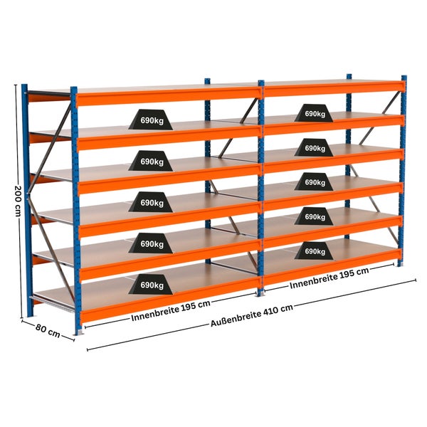 Lagerregal mit fünf Regalböden und den Maßen 200 cm Höhe, 80 cm Tiefe und 410 cm Außenbreite