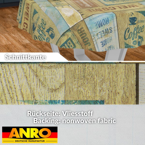 Wachstuch-Tischdecke in Holzoptik mit Vintage-Kaffeemotiven, Vliesstoff-Rückseite und Schnittkante. ANRO Deutsche Manufaktur Logo.