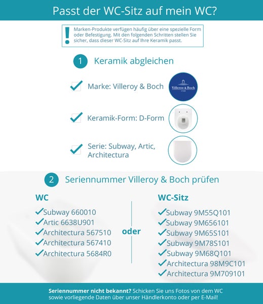 Anleitung zur Passform von Villeroy & Boch WC-Sitzen mit Villeroy & Boch Logo. Prüfung von D-Form, Serien Subway, Artic, Architectura und Seriennummern.