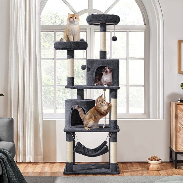 Katzenkratzbaum mit mehreren Ebenen, Höhlen und Hängematte für Katzen