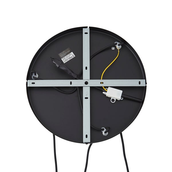 Rückansicht einer runden Deckenleuchtenhalterung mit einem kreuzförmigen Montagebügel aus Metall und elektrischen Kabeln.