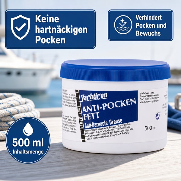 Yachticon Anti Pocken Fett 500 Milliliter Dose zur Vorbeugung von Bewuchs an Bootsteilen wie Wellen und Schrauben.