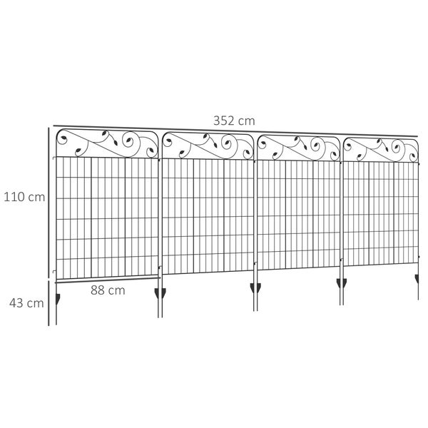Outsunny 4er Set Gartenzaun, Dekorative Gitterzaun für Garten, Balkon, 3,52 x 1,1 m, Metall, Schwarz