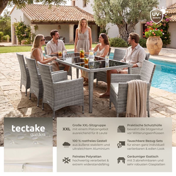 tectake garden XXL Sitzgruppe für 8 Personen aus Polyrattan mit Glastisch am Pool. UV-Schutz und wetterbeständig.