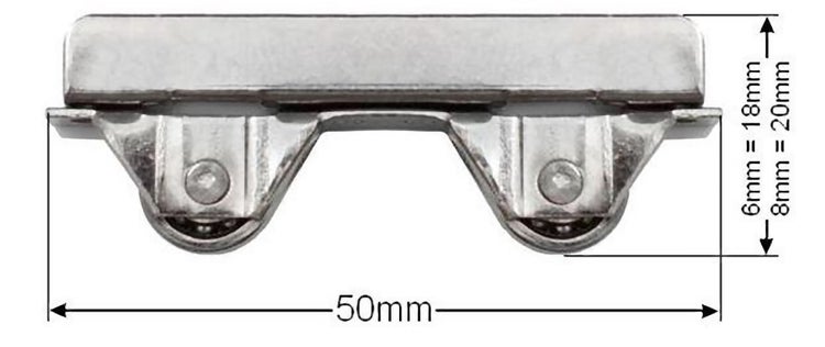 Doppelrolle fuer Schiebetuer aus Metall mit Massangaben von 50 Millimeter Laenge und 18 bis 20 Millimeter Hoehe