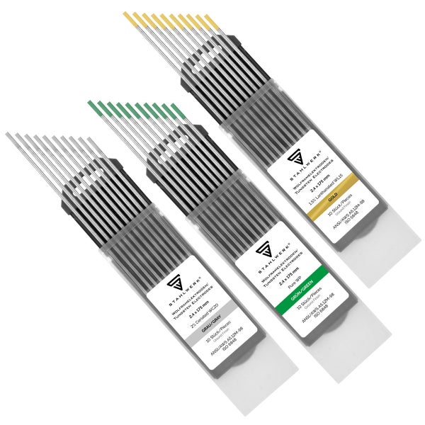 Drei Packungen STAHLWERK Wolfram Elektroden 2,4 x 175 mm in Grau, Grün und Gold