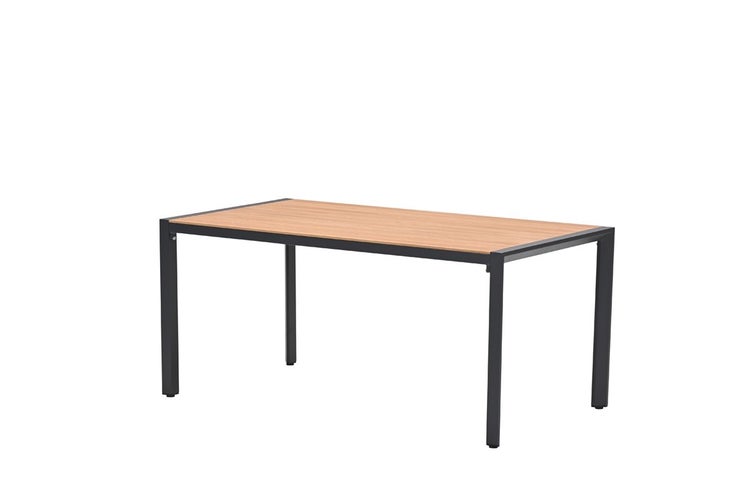 Rechteckiger Gartentisch mit anthrazitfarbenem Metallgestell und Tischplatte in Holzoptik.