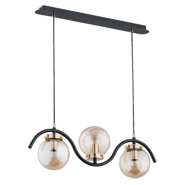 Moderne Pendelleuchte mit drei Glaskugeln und Metallgestell in geschwungener Form zur Deckenmontage