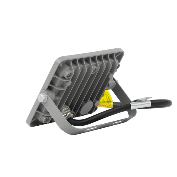 Rückansicht eines LED-Strahlers mit Kühlrippen und Kabel