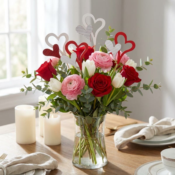 Blumenstrauß aus Rosen Ranunkeln und Tulpen in einer Glasvase dekoriert mit Herzsteckern auf einem Holztisch mit Kerzen
