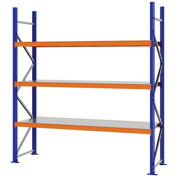 Weitspannregal aus Metall mit drei Ebenen, blauen Ständern und orangefarbenen Traversen für Werkstatt oder Lager.