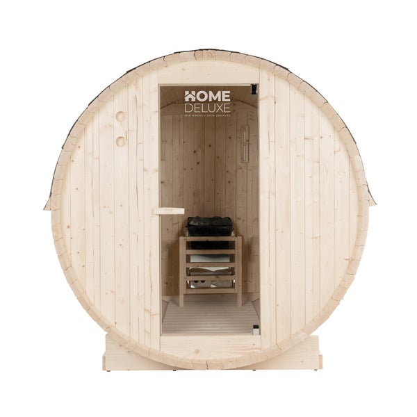 Fasssauna aus Holz von Home Deluxe mit verglaster Eingangstür und integriertem Saunaofen
