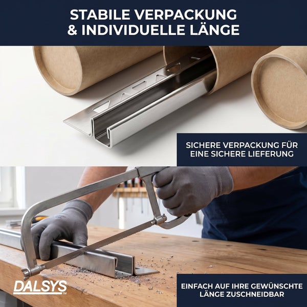 Dalsys Logo. Metallprofil in einer stabilen Versandrolle aus Pappe und beim Zuschneiden mit einer Metallsäge auf einer Werkbank.