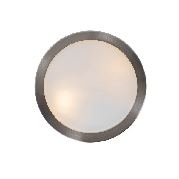 Runde Deckenleuchte mit Rahmen aus gebürstetem Metall und weißer Abdeckung, eingeschaltet.