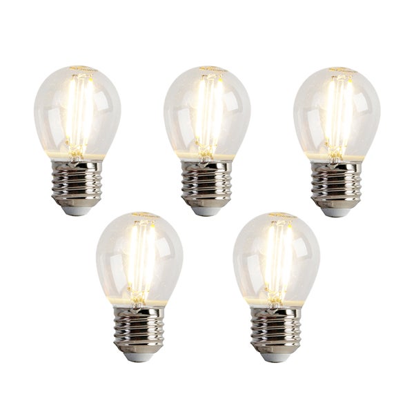 Fünf LED-Filament-Leuchtmittel in Tropfenform mit E27-Sockel, klares Glas.