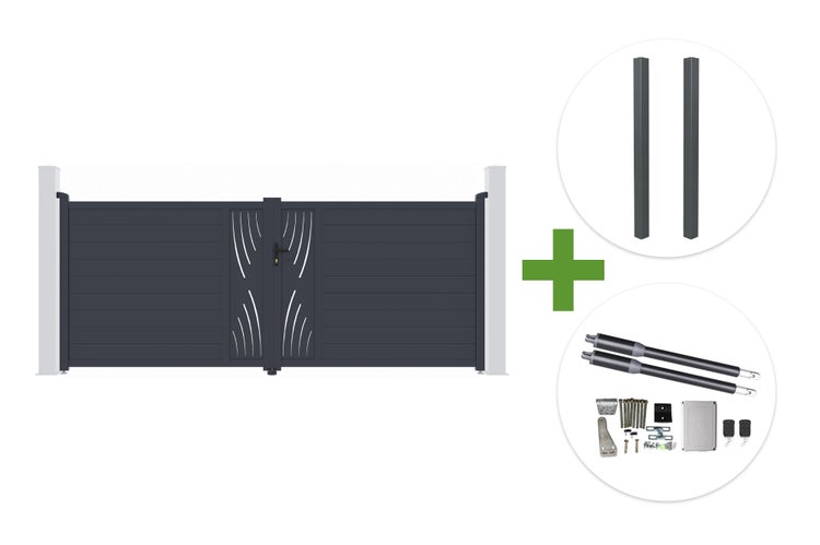 Zweiflügeliges Gartentor-Set in Anthrazit inklusive Tor mit Dekorelementen, zwei Pfosten und elektrischem Torantrieb mit Zubehör.