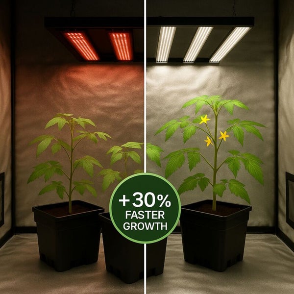 Vergleich von Pflanzenwachstum unter verschiedenen LED-Wachstumslampen mit Hinweis auf 30 Prozent schnelleres Wachstum.