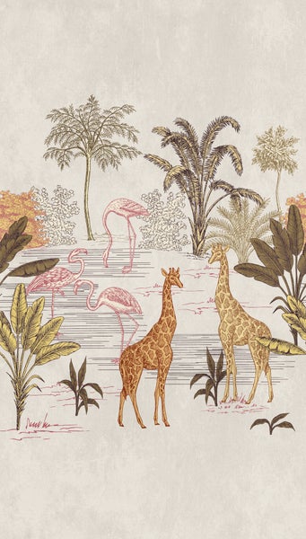 Tapete mit Safari-Motiv, Giraffen, Flamingos, Palmen und tropischen Pflanzen in gezeichnetem Stil.