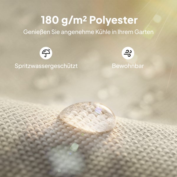 Polyestergewebe 180 Gramm pro Quadratmeter, spritzwassergeschützt und atmungsaktiv, Detailansicht mit Wassertropfen.