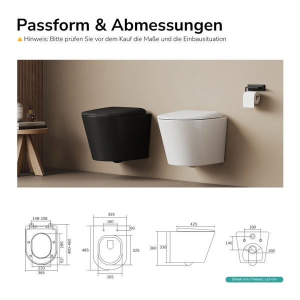 Technische Zeichnung und Beispielbild eines Wand-WCs mit Angaben zur Passform und Abmessungen in Millimeter.