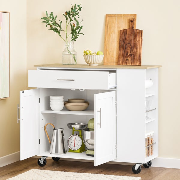 Küchenwagen mit Schublade, Schrankfächern und Rollen.