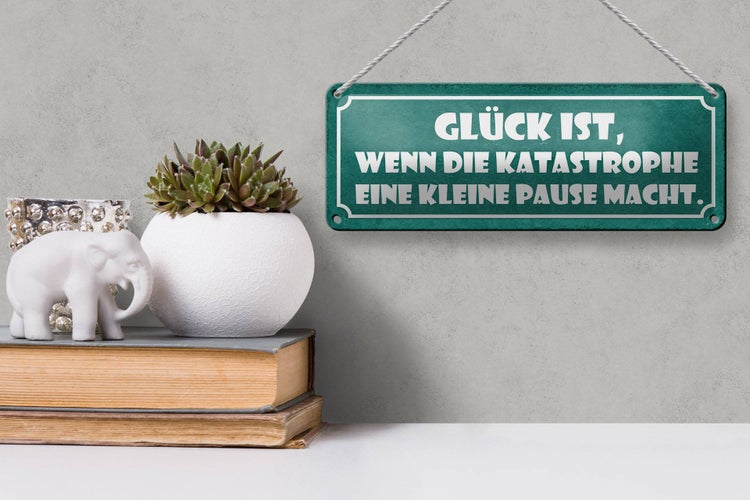 Blechschild Spruch 27x10cm Glück wenn die Katastrophe eine Pause macht