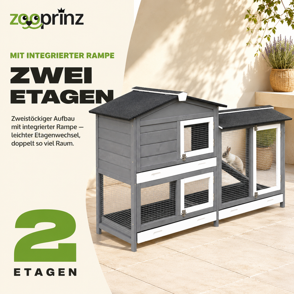 Zweistöckiger Kleintierstall aus Holz mit integrierter Rampe und Drahtgitter. Symbol für zwei Etagen. Zooprinz Logo.