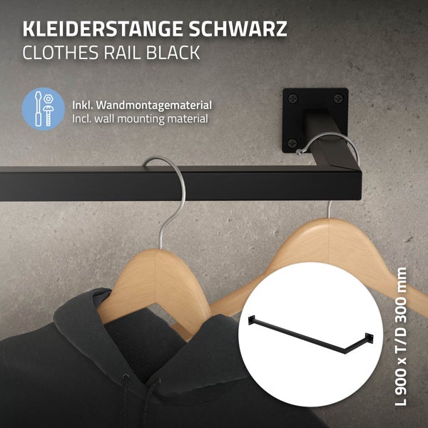 ML-Design Kleiderstange Übereck für die Wand, T30cm x B90cm, Schwarz, aus Stahl, rostfrei, Garderobenstange L-Form, Kleiderständer Wandmontage, Kleidergestell Garderobenhalter, inkl. Montagematerial