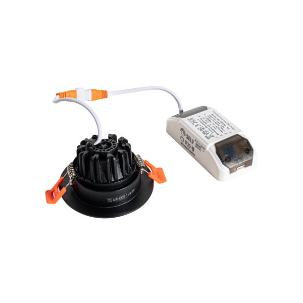 LED Einbaustrahler mit externem Treiber, schwarz, rund, mit orangefarbenen Montagefedern und Steckverbindung.