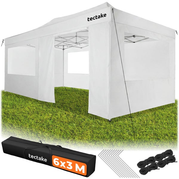 tectake Faltpavillon, 6 mal 3 Meter, mit Seitenwänden und Fenstern, inklusive Tragetasche, Heringen und Spannseilen. tectake Logo.