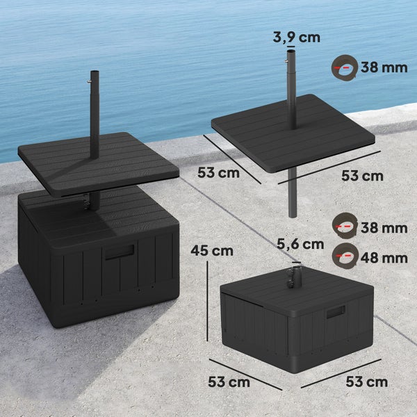 Outsunny 3 in 1 Sonnenschirmständer 80 kg befüllbar, Bepflanzbar Schirmständer mit Rollen, Tischplatte Quadratisch Schirmhalter Schirmgewicht Ständer für Sonnenschirm Ø38/48 mm, für Balkon Schwarz