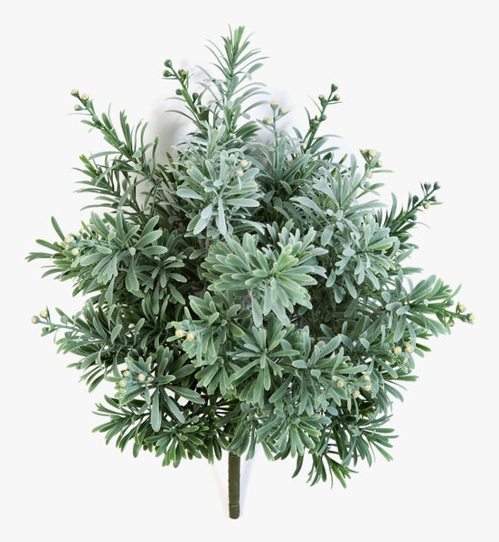 Künstliche Pflanze, grüner Strauch mit kleinen Blättern und gelben Knospen.