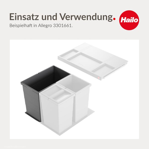 Hailo Abfalltrennsystem für Küchenschubladen mit Deckel und drei separaten Eimern zur Montage.