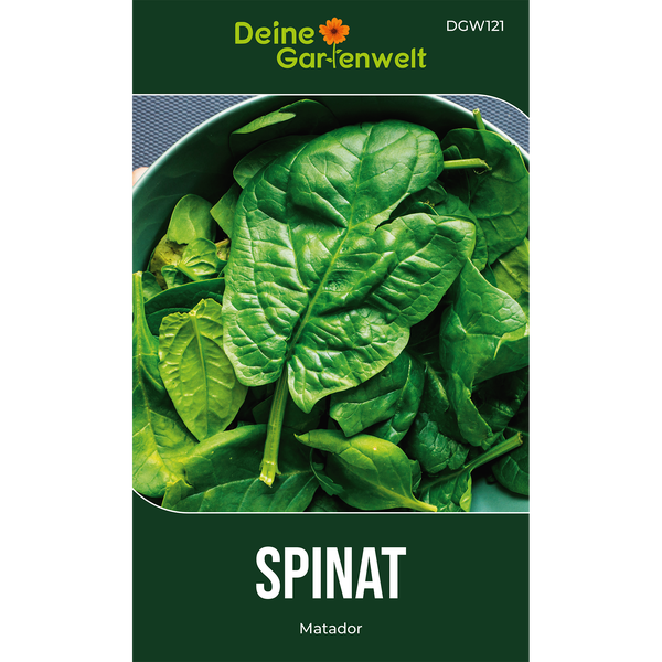Samentüte für Spinat Matador, Deine Gartenwelt Logo, Nahaufnahme von frischen Spinatblättern.