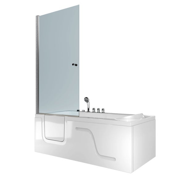 Barrierefreie Badewanne mit integrierter Einstiegstür, einteiliger Duschabtrennung aus Glas und Armaturen.