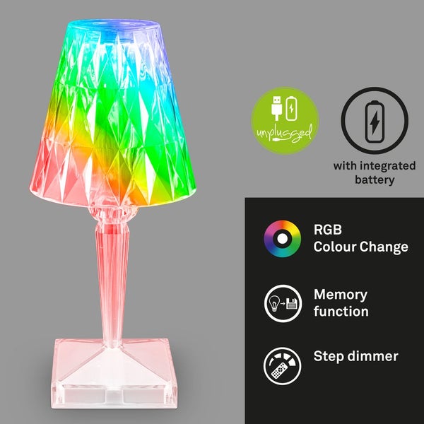 Briloner Leuchten ANIA LED LED Akku Tischleuchte 1x LED USB Anschluss mit ladefunktion Akkubetrieb RGB Fernbedienung Dimmbar 2,3 W 65 lm Kunststoff Transparent