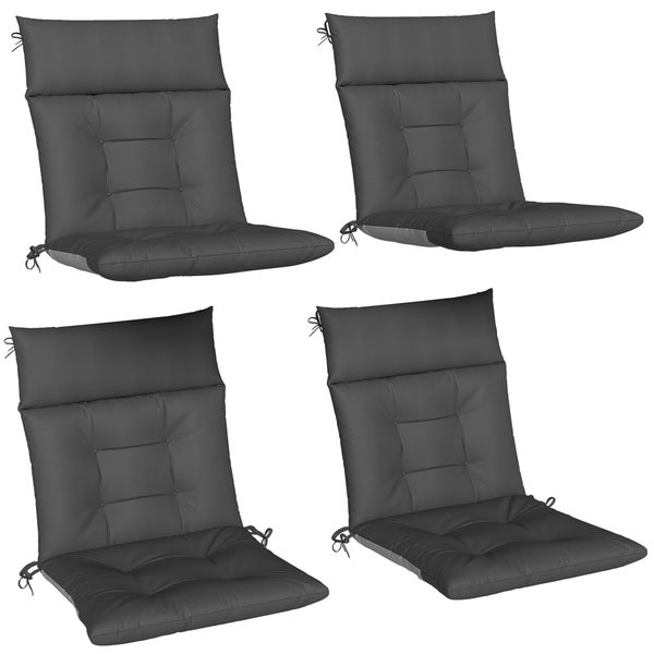 Set aus 4 Hochlehner-Auflagen in Dunkelgrau mit dekorativer Steppung und Haltebändern.