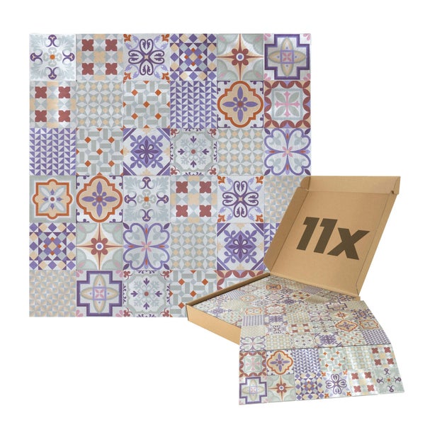 Fliesenaufkleber Set mit elf Stück in verschiedenen Patchwork Mustern und Kartonverpackung.