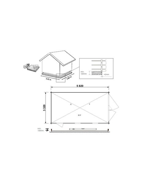 Fundamentplan für Gartenhaus mit Maßen 3,32 Meter mal 5,82 Meter sowie technische Details zur Fundamenthöhe von mindestens 100 Millimeter.