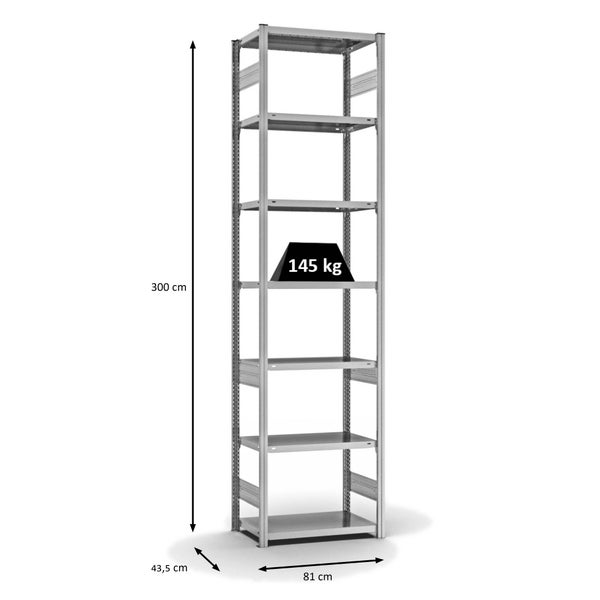 PROREGAL Fachbodenregal Stecksystem T-Profil Light-Duty Grundregal HxBxT 300 x 75 x 40 cm 7 Ebenen Fachlast 145 kg Beidseitig Nutzbar Verzinkt