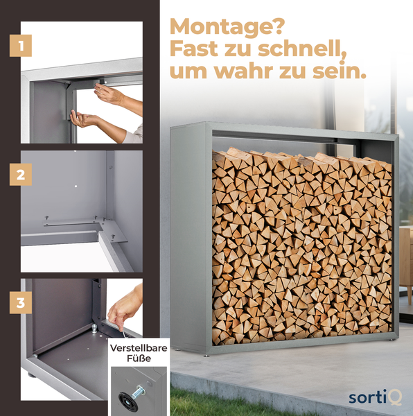 Drei Montageschritte für ein Brennholzregal aus Metall mit verstellbaren Füßen und das fertige, mit Holz befüllte Regal. sortiQ Logo.