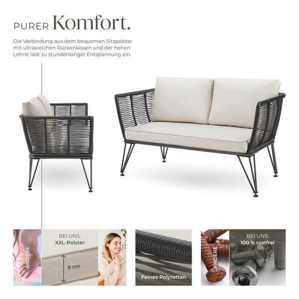 Garten-Loungesofa tectake Sundo 131 x 67 x 71 cm rundes Polyrattan im Rope-Design anthrazit