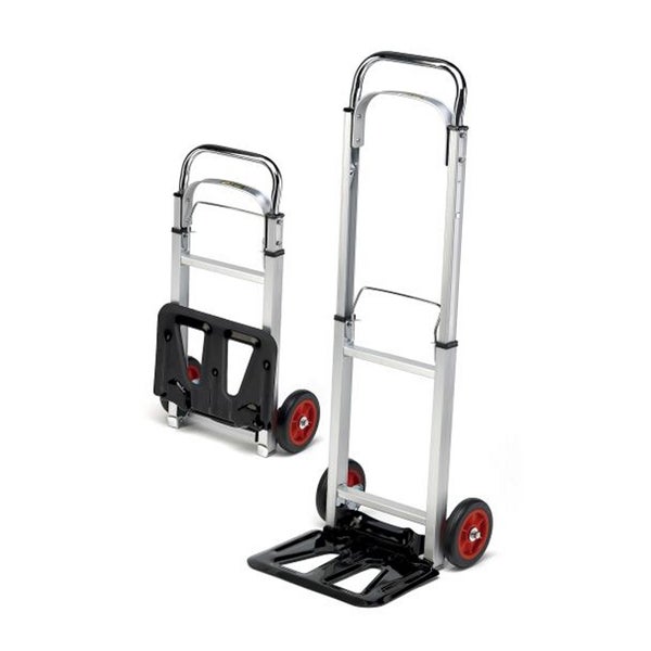 Zwei klappbare Sackkarren aus Aluminium mit ausziehbaren Griffen und robuster Ladefläche für den Transport von Lasten.