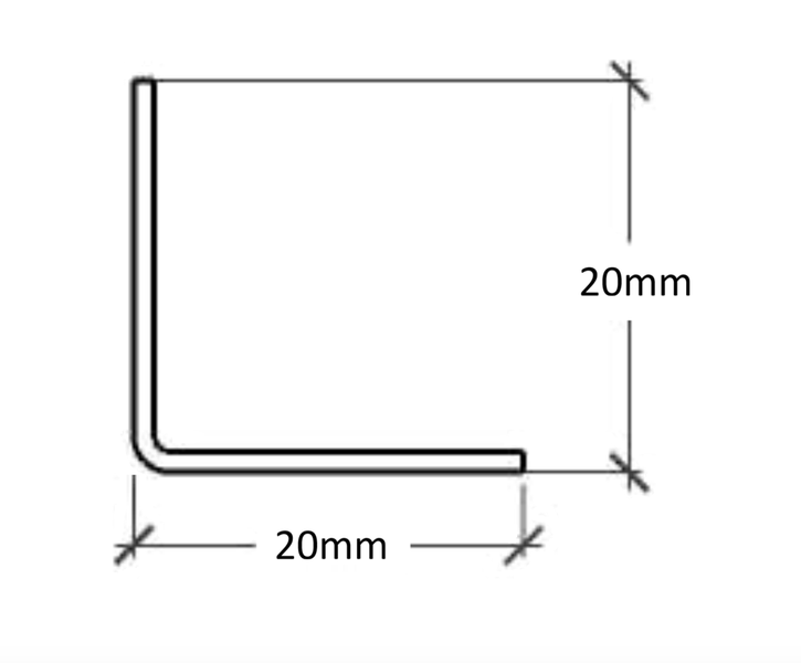 Technische Zeichnung eines Winkelprofils mit den Maßen 20 mm x 20 mm